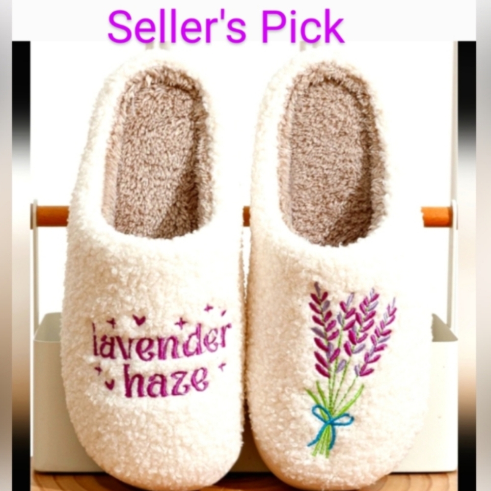 Cozy Cream Slippers with Lavender Embroidery Taylor Swift Song.